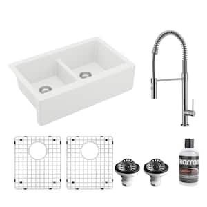 White Quartz/Granite 34 in. 50/50 Double Bowl Farmhouse Apron Kitchen Sink with KKF220 Faucet in Stainless Steel