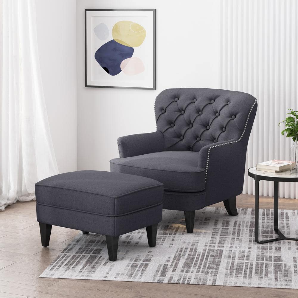 Handcrafted Dark Brown Wood & Gray Polyester Club Chair