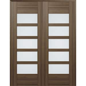 Vona 07-07 72 in. x 80 in. Both Active 5-Lite Frosted Glass Pecan Nutwood Wood Composite Double Prehung Interior Door