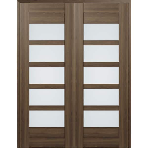 Vona 07-07 72 in. x 96 in. Universal 5-Lite Frosted Glass Pecan Nutwood Wood Composite Double Prehung Interior Door