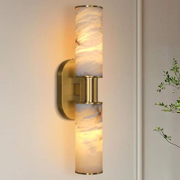 22 in. 2-Light Gold Modern Natural Alabaster Wall Sconce, Spanish Marble Sconces for Living Room, Staircase, Hallway-1pc