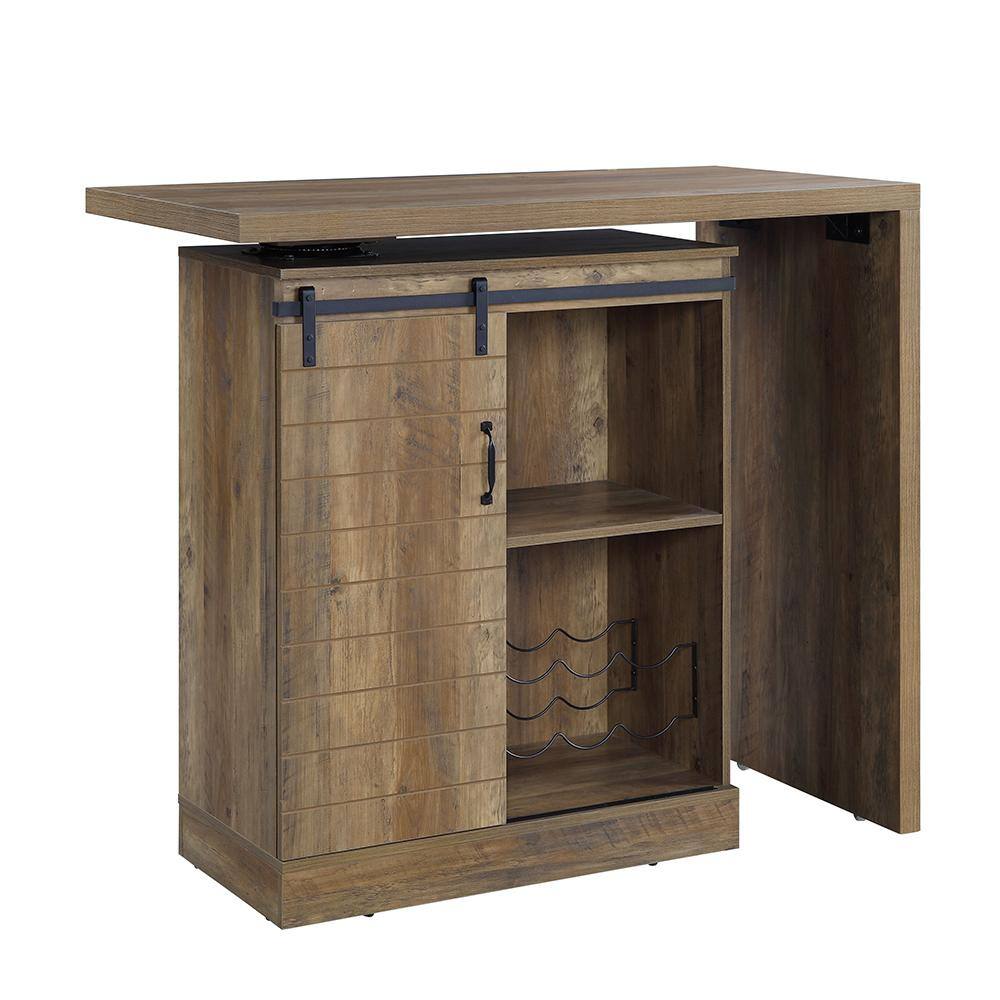 Rustic Oak Farmhouse-Industrial Bar Table with Swivel Top and Wine Rack