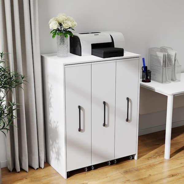 Hattie White Wood 39.37 in. Bookcase with Three Pulled Out Doors Shelving Cabinet, Slide Out Storage Bookcase