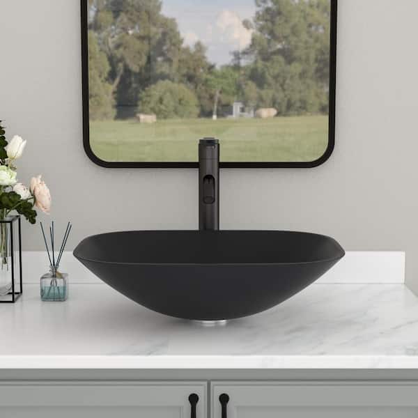 18.5 in. Rectangle Bathroom Vessel Sink in Matte Black Glass with Black Faucet and Black Pop-up Drain