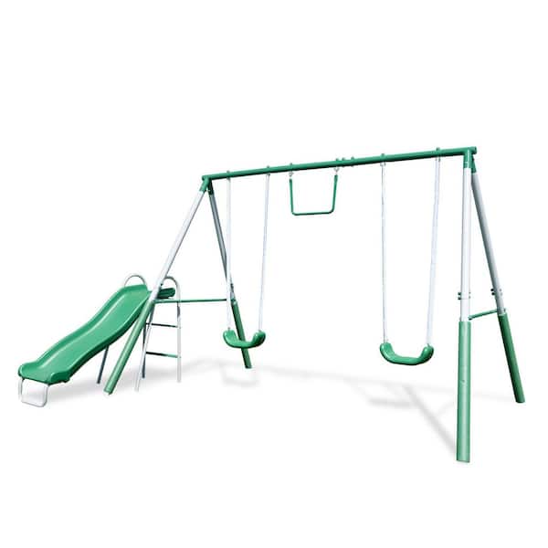 Unbranded 89 in. Metal, 2-Swing Seats, 1-Trapeze, and 1-slide, Outdoor Patio Swing Set with Slide, Extra Safety Foam-Covered Legs