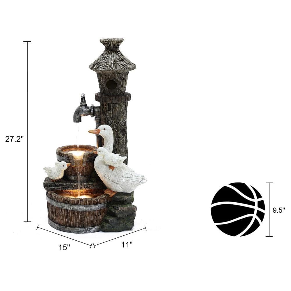 Rustic Farmhouse Ducks and Birdhouse Resin Outdoor Water Fountain with Lights