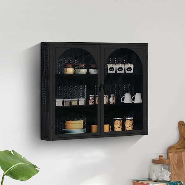 Unbranded 27.6 in. W x 9.1 in. D x 23.6 in. H 2 Glass Doors Bathroom Storage Wall Cabinet with 3 Shelf and Woven Pattern in Black