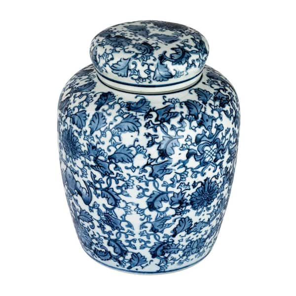 8 in. H Decorative Ceramic Ginger Jar with Lid in Blue and White