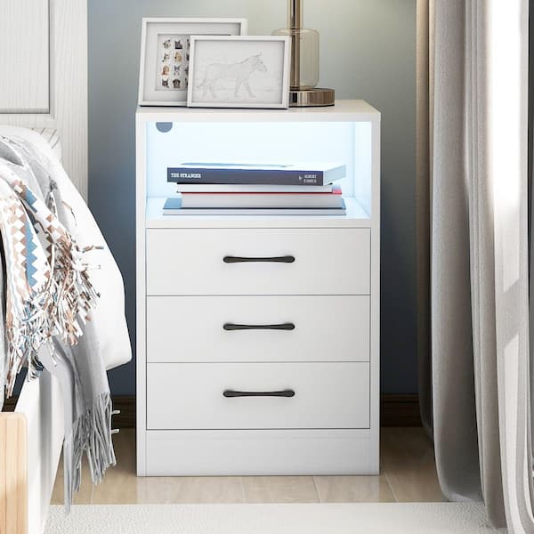 Angel Sar 3-Drawer LED White Nightstand with USB Charging Ports 15.7 in. W x 13.8 in. D x 23.6 in. H