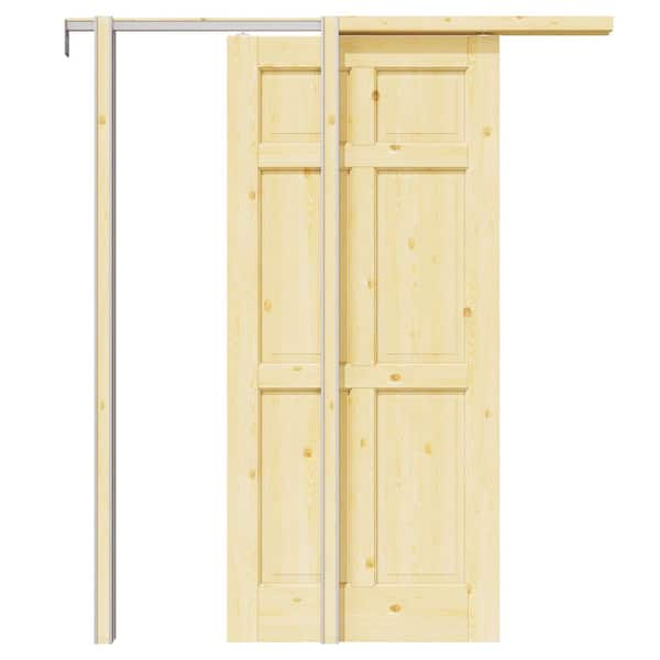 36 in. x 80 in. Paneled 6-Lite Unfinished Wood Pocket Sliding Door with Pocket Door Hardware Kit (Soft Close Included)