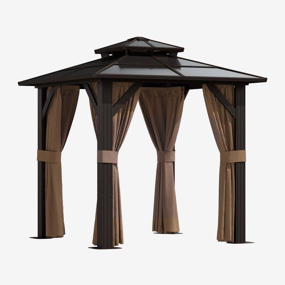 8 ft. x 8 ft. Brown Outdoor Gazebo, Polycarbonate Double Roof Aluminum Frame Gazebo with Curtains and Netting price history on PriceWatchPro