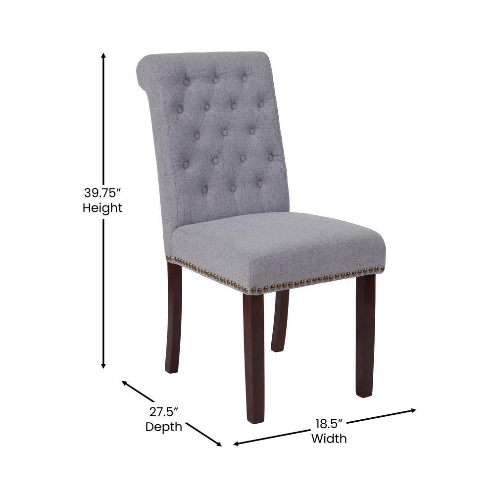 High-Back Parsons Side Chair in Light Gray Leather & Walnut Wood