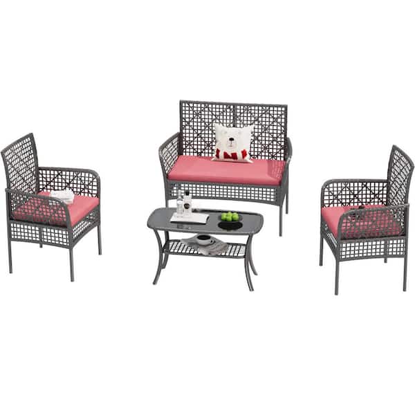Tenleaf 4-Piece Wicker Outdoor Sectional Set Conversation Set Patio Seating Set with Red Cushions