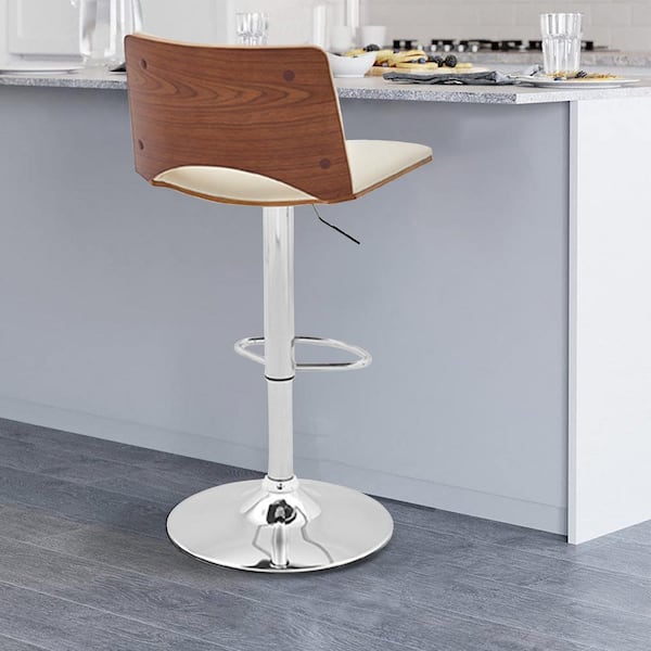 Thierry Adjustable Swivel Cream Faux Leather with Walnut Back and Chrome Bar Stool