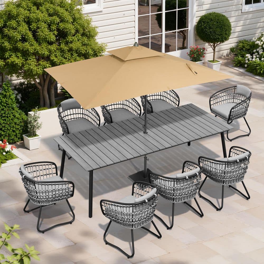 11-Piece 95 in. Gray Rectangle Aluminum Wood-Like Top Patio Outdoor Dining Set with Umbrella, Base and Gray Cushions price history on PriceWatchPro
