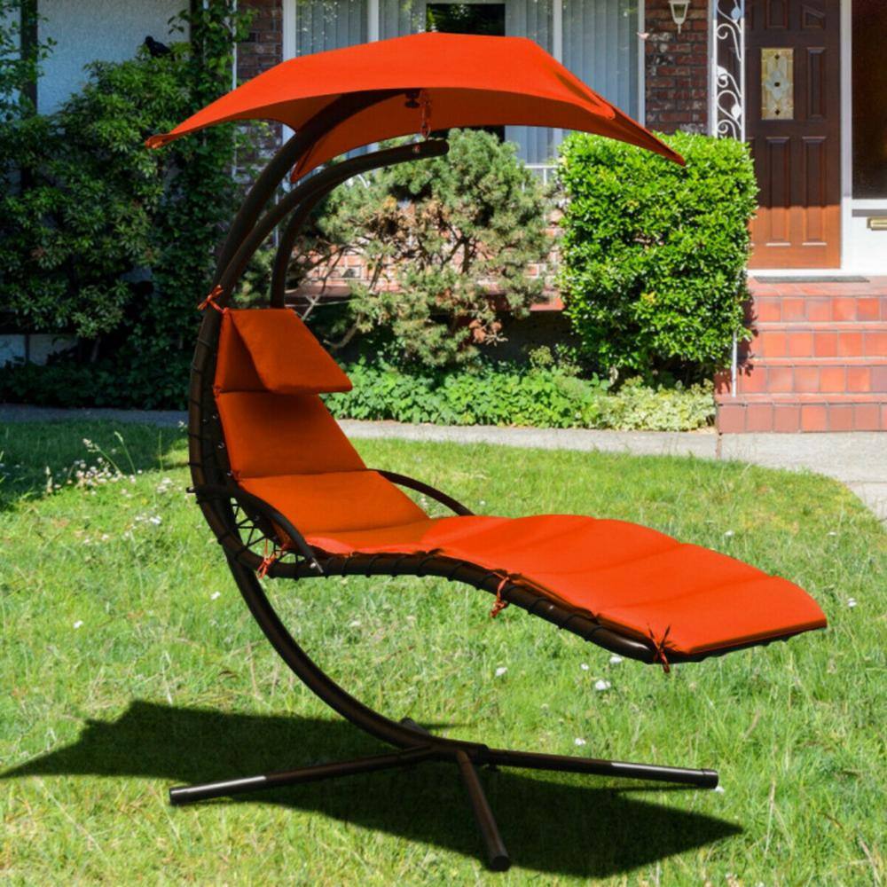 Orange Hanging Chaise Lounge Chair with Cushions and Canopy