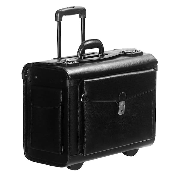 MANCINI Business Collection Black Leather Wheeled Catalog Case with Flap Pockets 19 in. W x 9 in. D x 15 in. H
