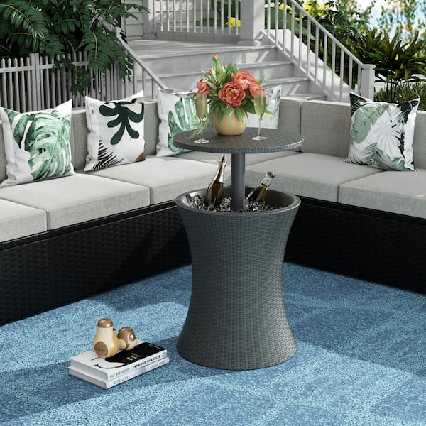 WESTIN OUTDOOR Sunbeam Black Resin Rattan 22 in. Adjustable Outdoor Patio Cooler Side Table