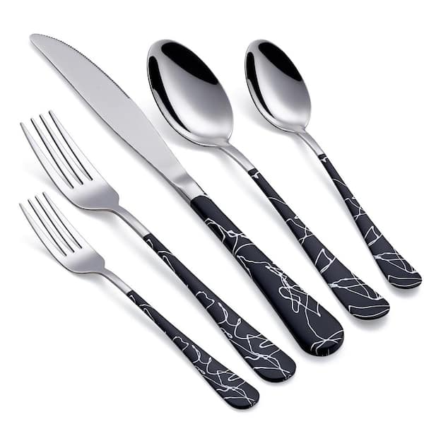 Unbranded 20-Piece Stainless Steel Serving Set Black Cracks Handle 18/0 Cutlery Set Service for 4, Unique Set and Dishwasher Safe