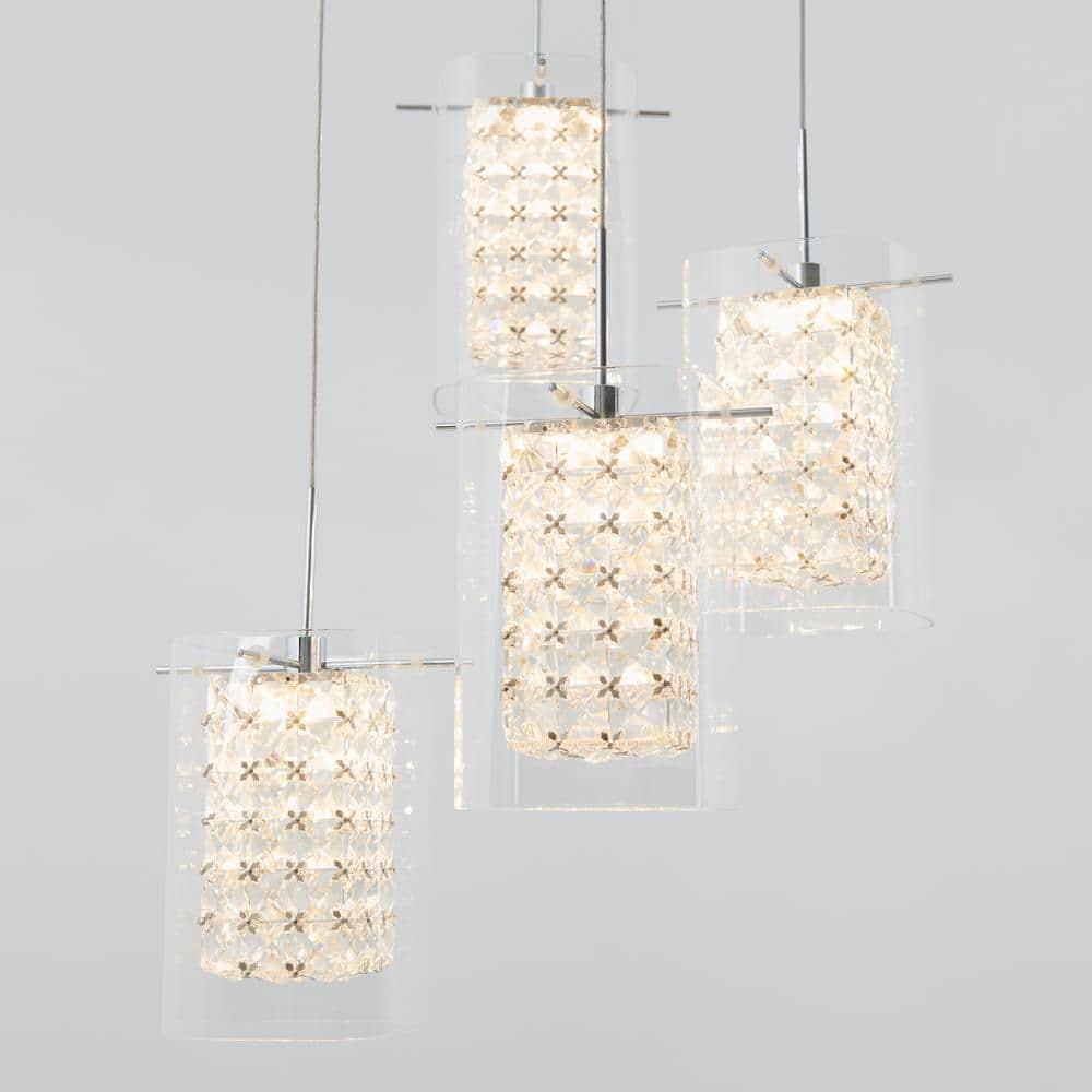 Crystal Cube 4-Light Chrome LED Pendant with Clear Glass Shades