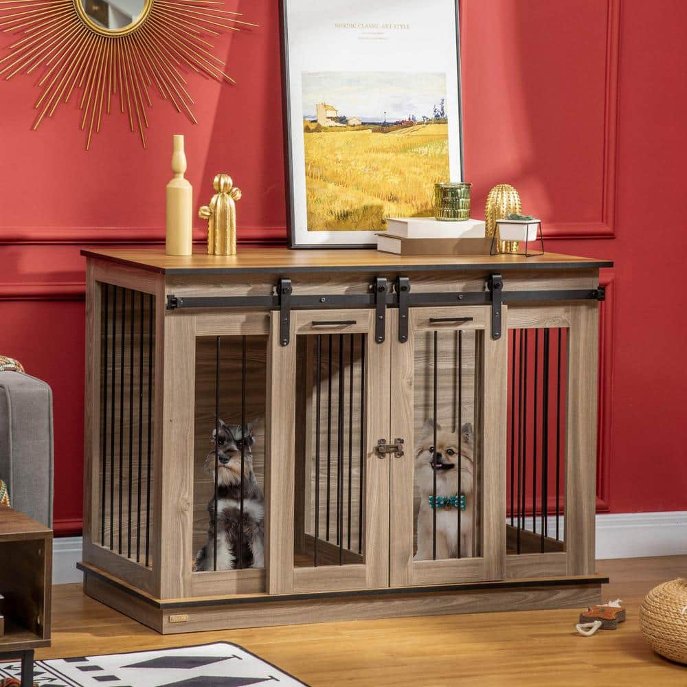 Large Gray Wood and Metal Dog Crate Table with Divider