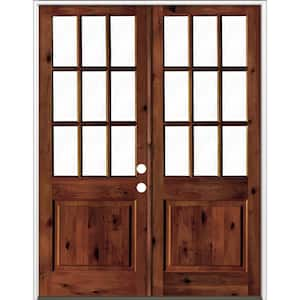 72 in. x 96 in. Craftsman Knotty Alder Wood Clear 9-Lite Red Chestnut Stain Left Active Double Prehung Front Door