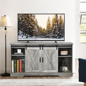 59'' Farmhouse TV Stand Sliding Barn Door Cabinet with Adjustable Shelf for TV's 65 in. Gray
