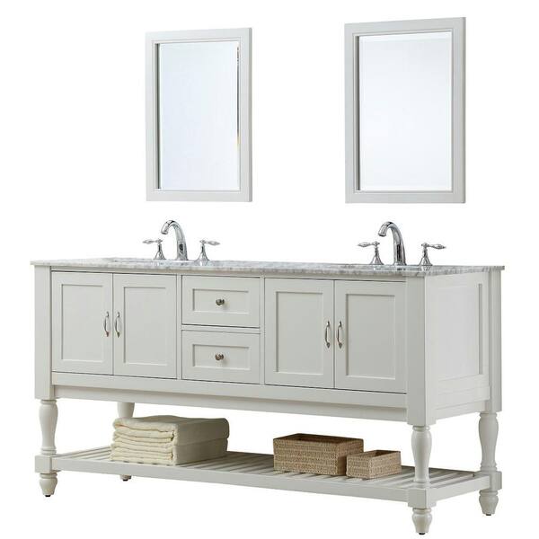 Direct vanity sink Mission Turnleg 70 in. Double Vanity in Pearl White with Marble Vanity Top in Carrara White and Mirror