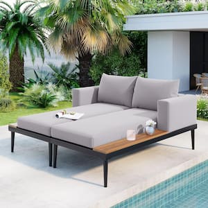 Black 2-Piece Metal Outdoor Chaise Lounge with Gray Cushions and Wooden Side Table