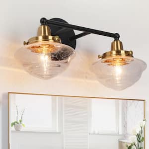 Modern 16.5 in. 2-Light Black Bathroom Vanity Light, Seeded Glass Wall Sconce, Industrial Brass Bath Lighting