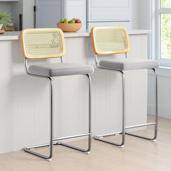 Lirago Light Gray Upholstered Velvet 30 in. Height Bar Stool with Rattan Back (Set of 2)