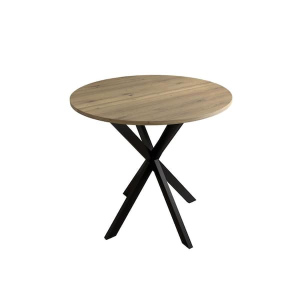 31.5 in. Round Outdoor Dining Table with Metal Black Legs, Brown