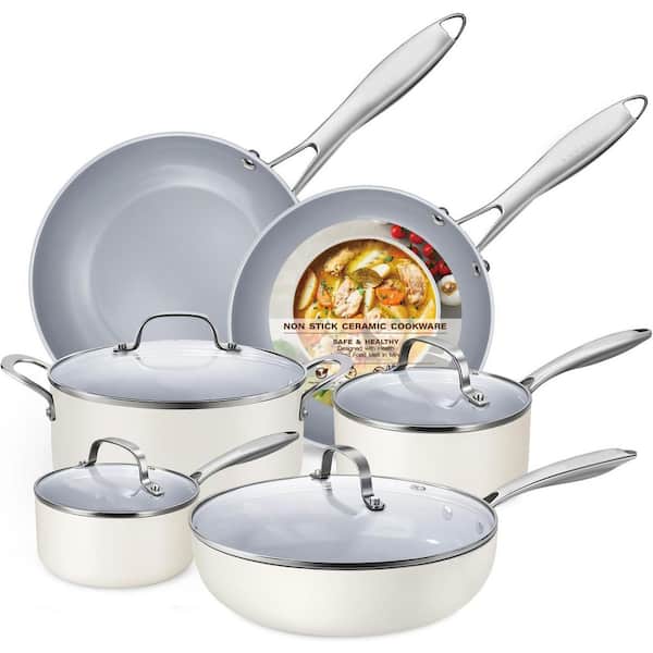10-Piece Ceramic Nonstick Cookware Set, Cream White, Aluminum, Induction & Oven Safe, Glass Lids, Fry Pans & Saucepans