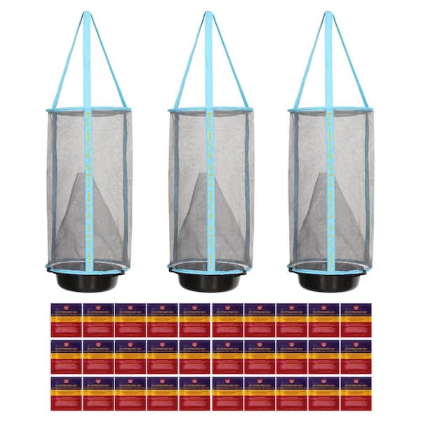 FLIES INN 3 Lite Fly Cage Outdoor Fly Trap with 36 Low Odor Attractant Baits, Reusable and Durable