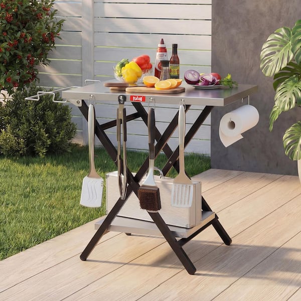 FEASTO 30 in. Rectangular Foldable Stainless Steel Grill Table