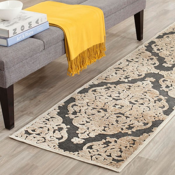 Paradise 2 ft. x 7 ft. Stone/Anthracite Ornate Medallion Floral Runner Rug