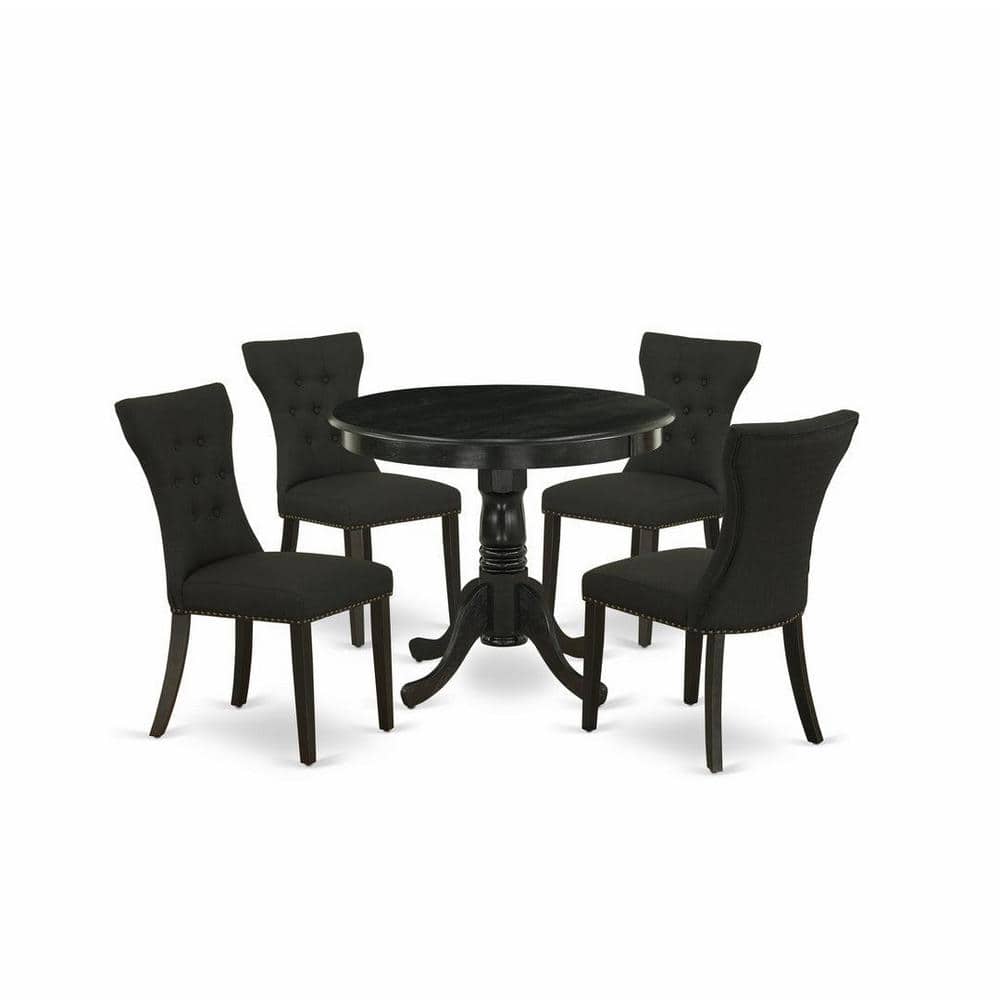 Elegant Tufted Black Linen and Rubber Wood 5-Piece Dining Set