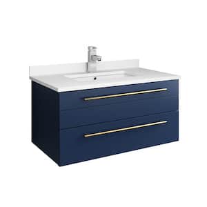 Lucera 30 in. W Wall Hung Bath Vanity in Royal Blue with Quartz Stone Vanity Top in White with White Basin
