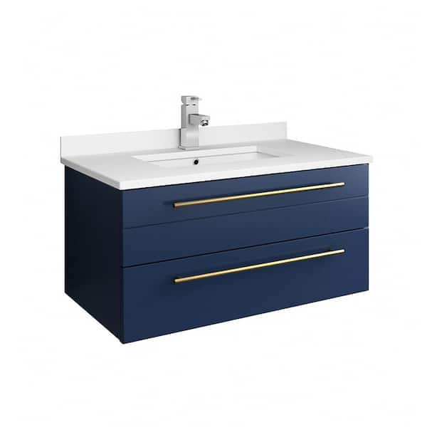 Fresca Lucera 30 in. W Wall Hung Bath Vanity in Royal Blue with Quartz Stone Vanity Top in White with White Basin