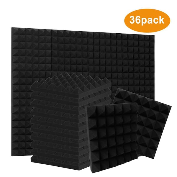12 in. x 12 in. x 2 in. Black Pyramid-shaped Foam Acoustic Panels, 36pack