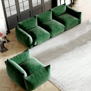 2-Pieces Wide Bread Shape Square Chenille Top Green Sofa Couch Living Room Set (1-Seat Plus 3-Seats)