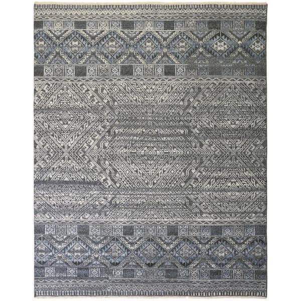HomeRoots Gray, Ivory, Blue Geometric 6 ft. x 9 ft. Area Rug