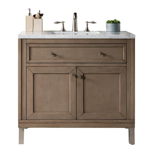 James Martin Vanities Chicago 36 in. W x 23.5 in.D x 33.8 in.H Single Bath Vanity in Whitewashed Walnut w/ Quartz Top Eternal Jasmine Pearl
