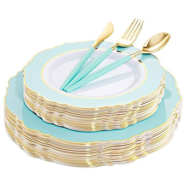 30-Guest Mint Green Plastic Plates with Disposable Gold Silverware and Green Handles