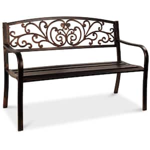 50 in. Metal Outdoor Bench with Floral Design Backrest and Slatted Seat for Garden, Brown
