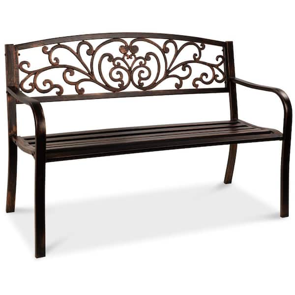 Angel Sar 50 in. Metal Outdoor Bench with Floral Design Backrest and Slatted Seat for Garden, Brown