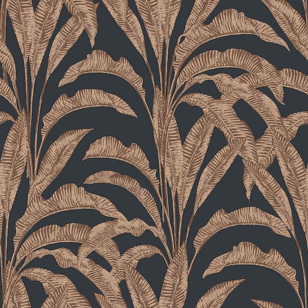 Luxe Tropical Palm Orange on Black Ground Wallpaper Sample