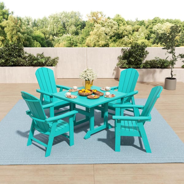 WESTIN OUTDOOR Laguna Outdoor Patio Adirondack Weather Resistant Turquoise 5-Piece HDPE Plastic Square Table Dining Set