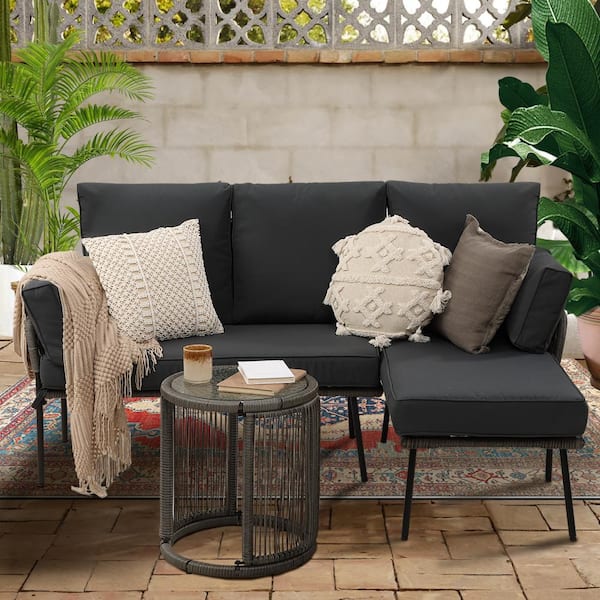 Unbranded 3-Piece L-Shaped Wicker Patio Conversation Set with Black Cushions and Table