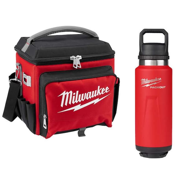 21 Qt. Soft Sided Jobsite Lunch Cooler with PACKOUT Red 36 oz. Insulated Bottle with Chug Lid
